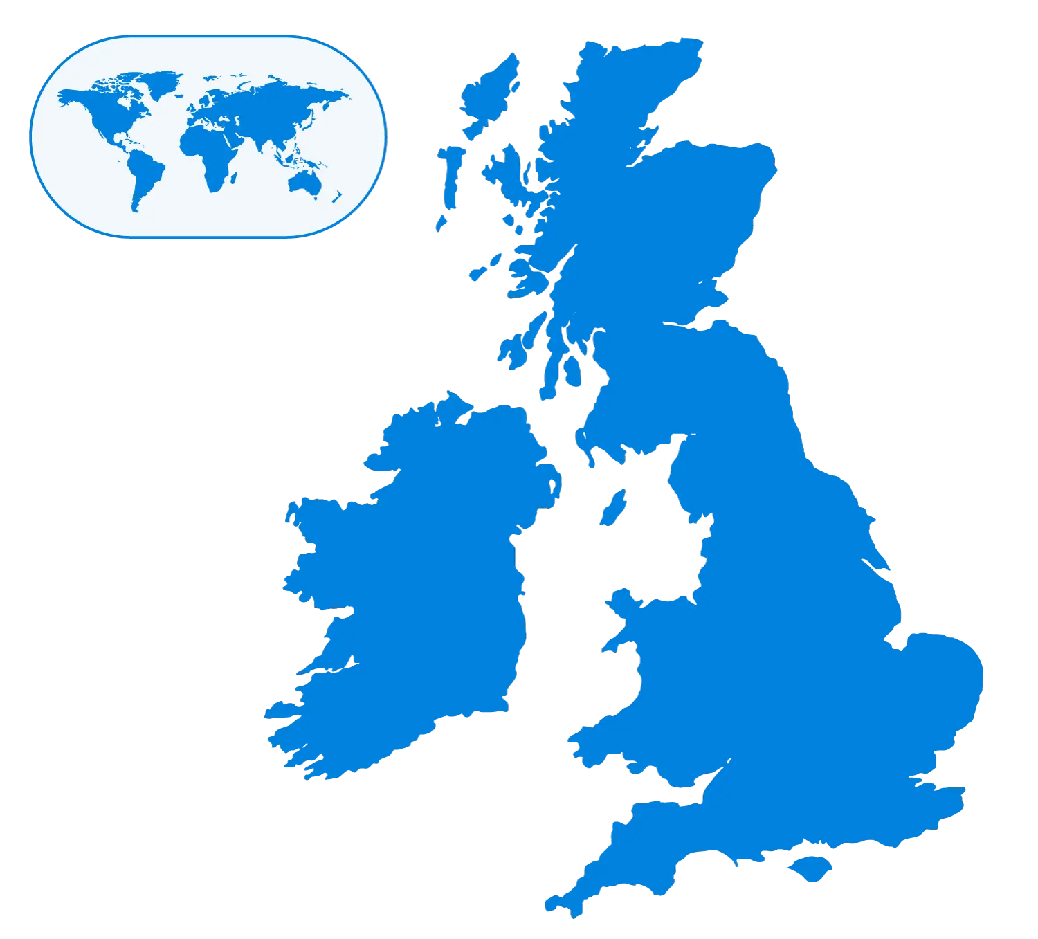 Map showing the areas we cover, the UK and Worldwide